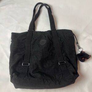 Kipling Kyoko Black Nylon Top Handle Open Top Tote With Monkey Three Compartment